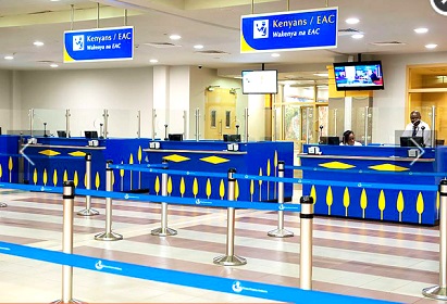 Inside Jomo Kenyatta Airport, with inscriptions in English and Kiswahili